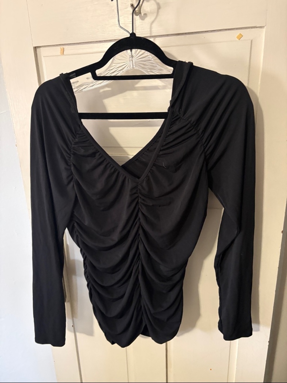 Ruched V-Neck Long Sleeve Top - Black